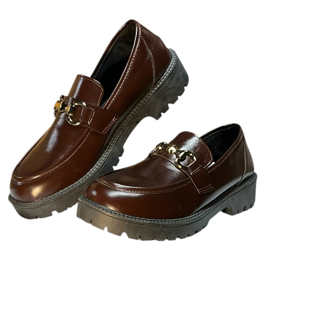 Brown Leather Horsebit Loafers Chunky Lug Sole Gold Hardware EU 40 US 9 - Picture 4 of 11